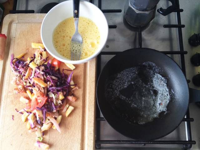 Whisk eggs and melt butter in small frying pan